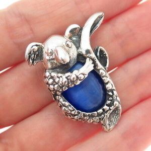 925 Sterling Silver Vintage Fiber Optic Blue Cat's Eye Koala Oxidized Pendant